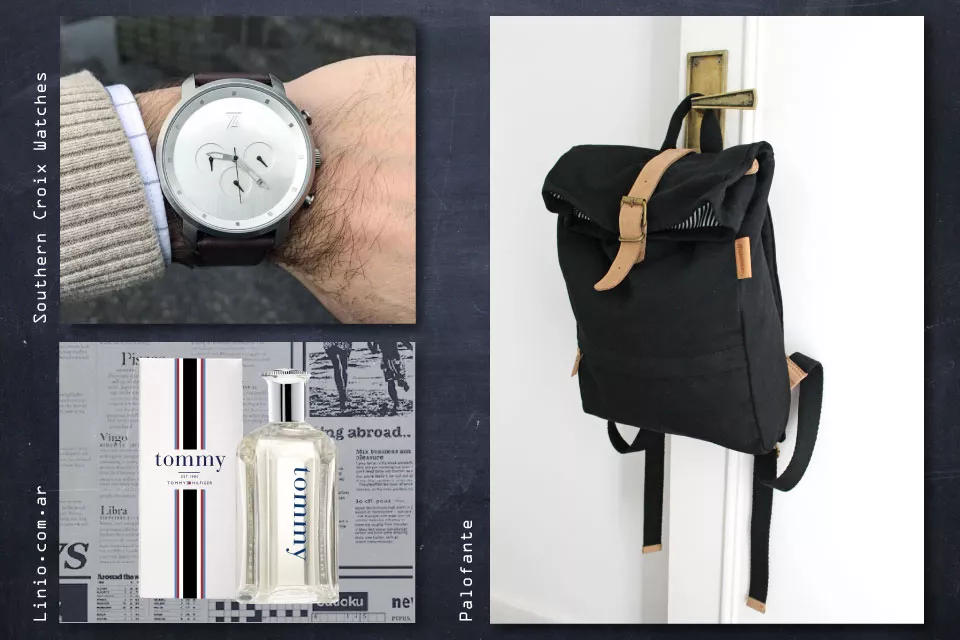 Reloj $2600 de Southern Croix Watches / Perfume $790 de Tommy Hilfinger en Linio.com.ar / Mochila con compartimento para notebook $1655 de Palofante /