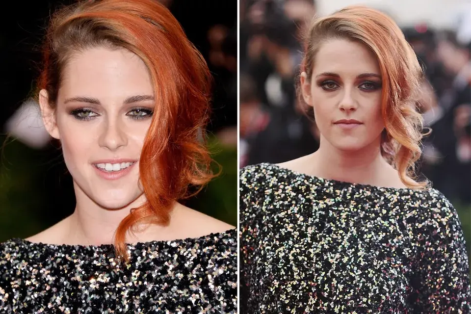 Kristen Stewart apareció bien pelirroja y con un jopa hacia el costado, con un make up que le resaltaba los ojos