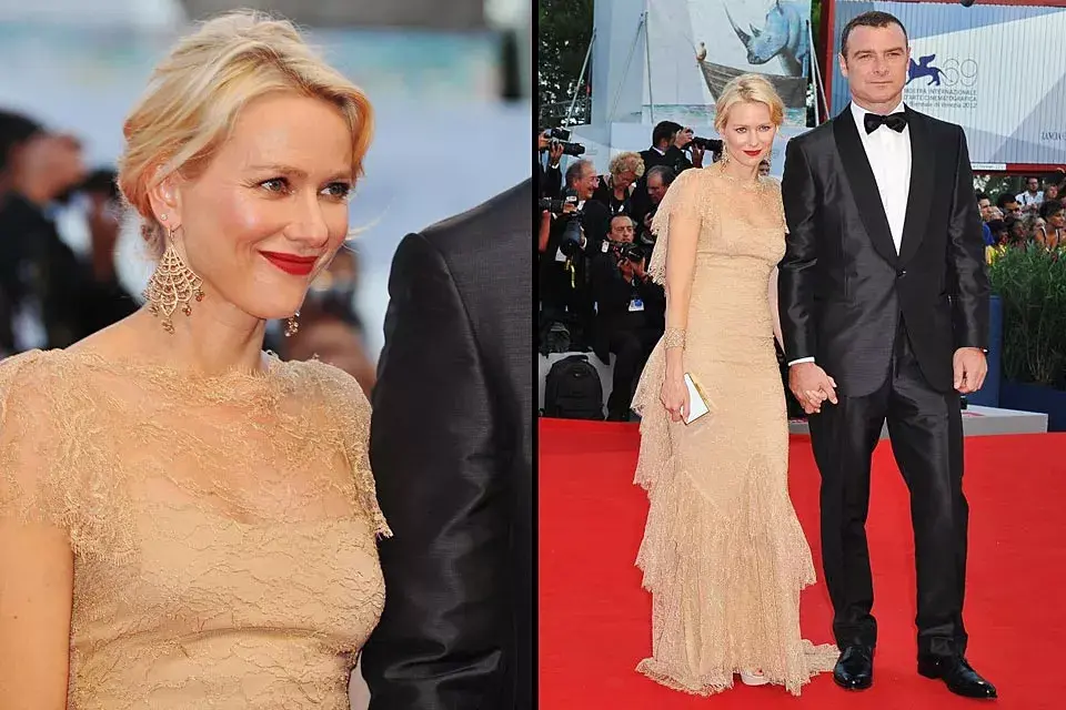 Naomi Watts fue otra que apostó por el nude, en este caso, con un vestido de encaje de Marchesa con volados del mismo género en el ruedo