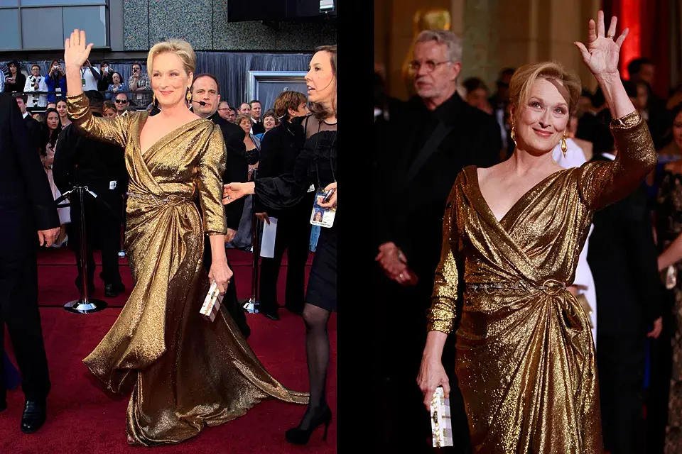 Meryl Streep quiso brillar y lo hizo con su vestido drapeado de lamé dorado diseñado por Lanvin. Parece que le trajo suerte porque se llevó el Oscar a mejor actriz ¡Súper merecido!