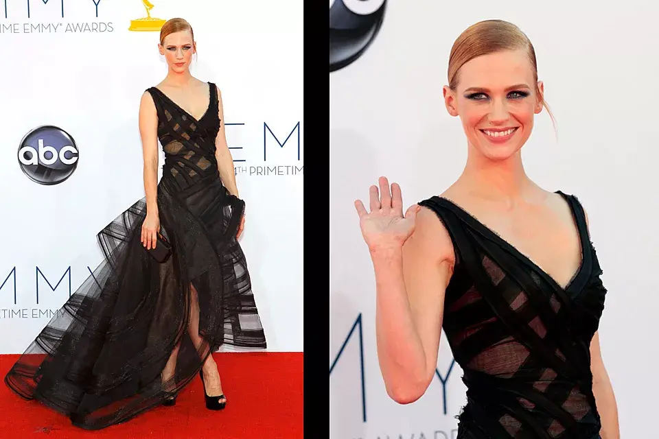 Súper original el diseño de Zac Posen que eligió January Jones. El vestido, armado pero ligero, jugó con las transparencias y las opacidades