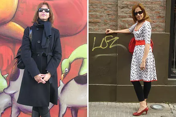 Luz Onasis nos presenta dos de sus looks; uno con abrigo negro, botas de chocolate y calzas negras de Awada; el otro, con un vestido de la feria de Plaza Serrano