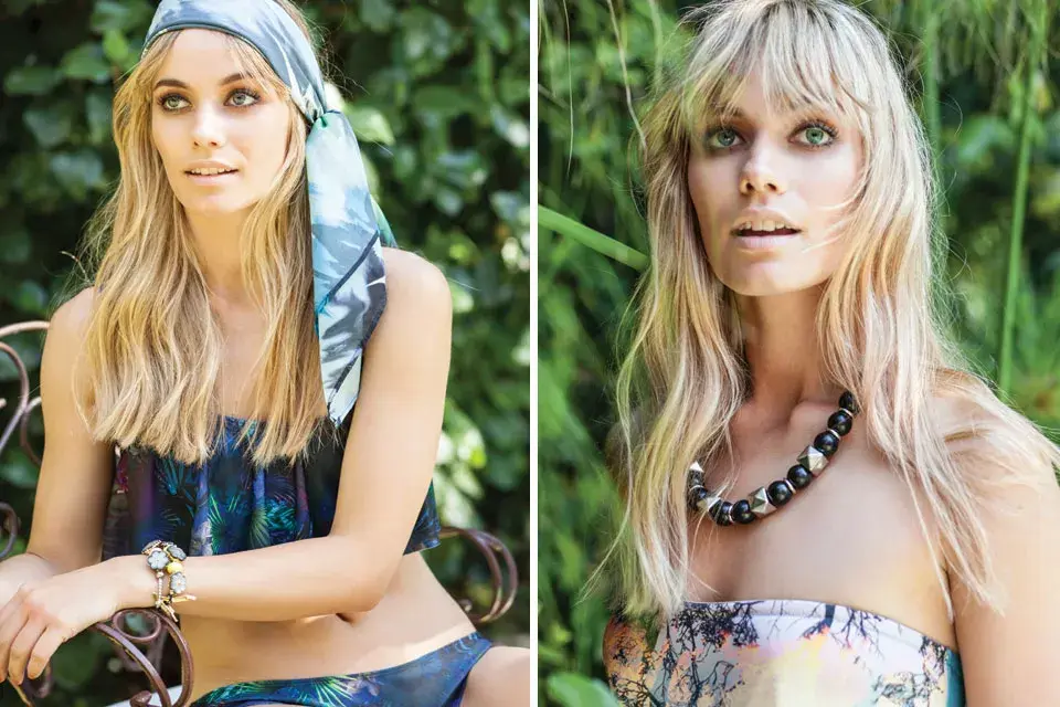 Pañuelo (Uma), Bikini con volado (Uma, $698), pulseritas (Besha, desde $150), Collar de bolones (Besha, $165), plataforma (C est fini, $1400)