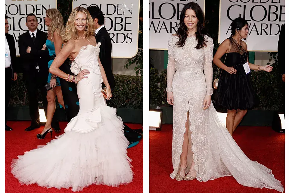 Dos vestidos para casarse: Elle McPherson con mega ruedo de tules en su strapless de Zac Posen y encaje y más encaje para Jessica Biel, con su vestido de Elie Saab