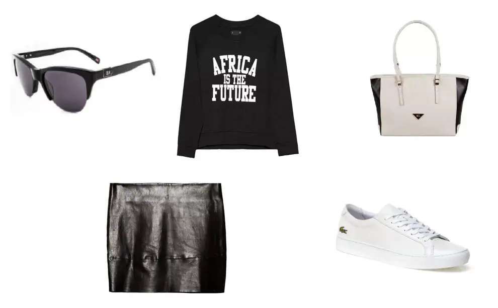 Zapatillas (Lacoste) Pollera (Doma) Cartera (XL, $950) Buzo (Them, $899) Anteojos (Elizabeth Arden)