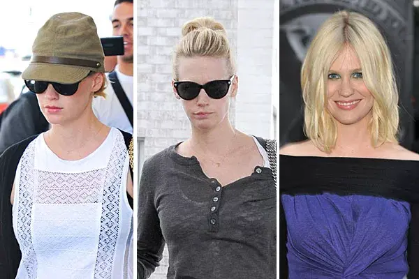 January Jones, tapada por un gorro o con una cola de caballo, de día; más sexy, con el pelo suelto y raya al medio, para una fiesta