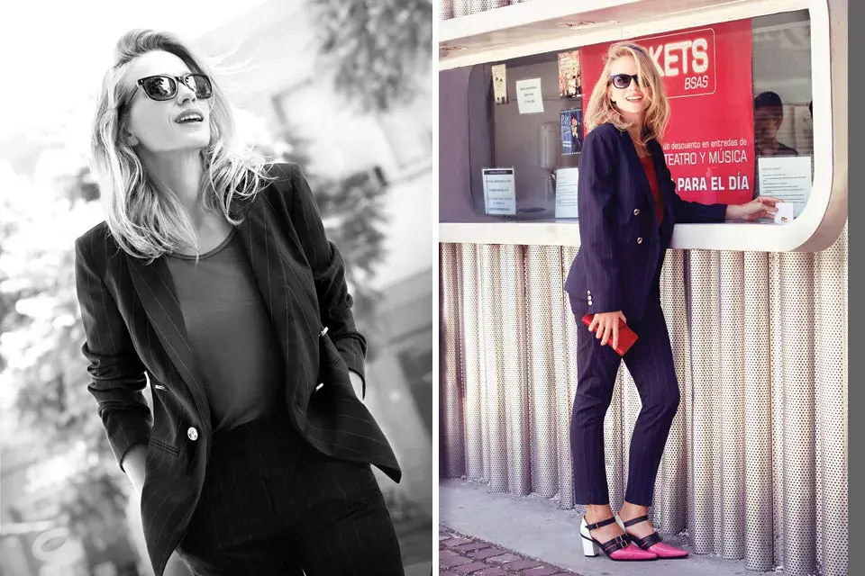 gafas (infinit, $1800), blazer y pantalón (Clara, $2500 y $1200), musculosa de seda fría (Paula Cahen D’Anvers, $850), zapatos tricolor (Jessica Kessel, $1600)