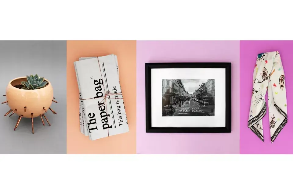 Maceta con suculenta $210 de Curadoras / Bolsas de papel para deco x 3 $245 de Desli / Fotografía de autor desde $580 de Hopper / Pañuelo $230 de Maria Detomaso /