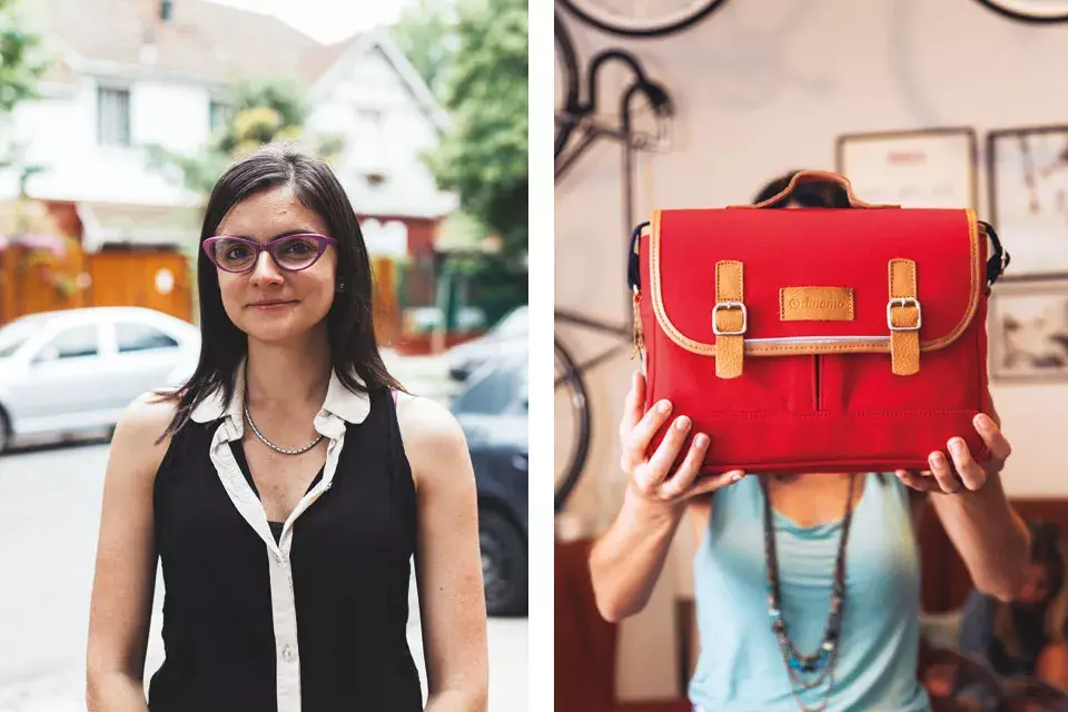 Izq.: Para Melisa Tolozo (28 años,  gastronómica) Lo más lindo en Agronomía es el barrio Cortázar, súper tranquilo y muy verde, es como estar en otra época. Der.: cartera para llevar en la bici (Dínamo)