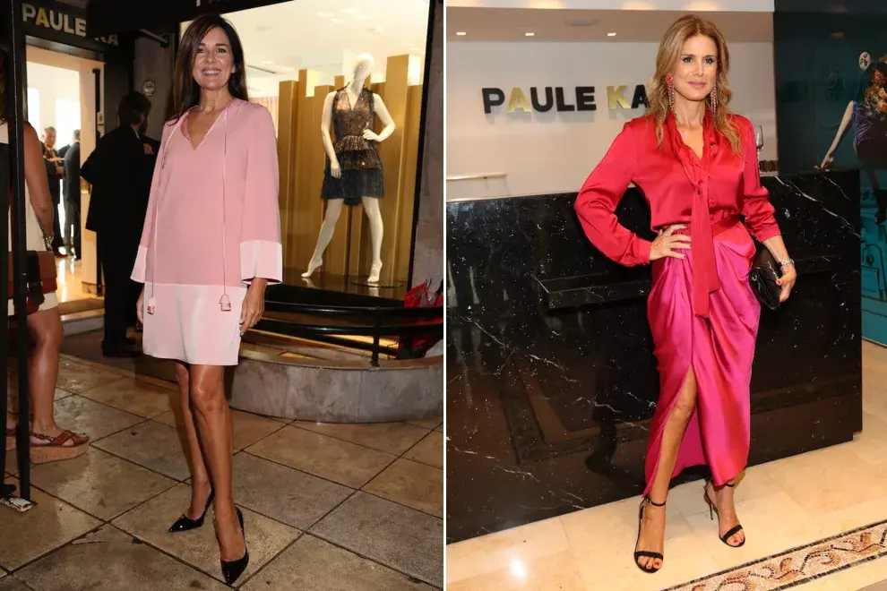 Andrea Frigerio con un vestido tipo kimono en rosa pálido; y Flavia Palmiero, muy sexy con una combinación de camisa con lazo y falda drapeada de satén, en la inauguración de la tienda de Paule Ka en Avenida Alvear 