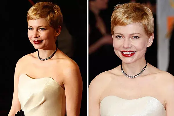 Con el pelo bien corto, Michelle Williams lo peinó con raya hacia el costado (¡muchas opciones no tenía!)