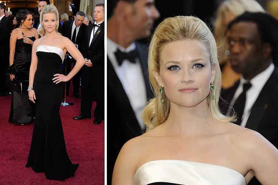 Chic, chic, chic. Reese Witherspoon cortó el aliento con un diseño de Armani Privé elegante y a su vez sencillo, en negro y blanco; el peinado y los aros de esmeralda completaron el conjunto