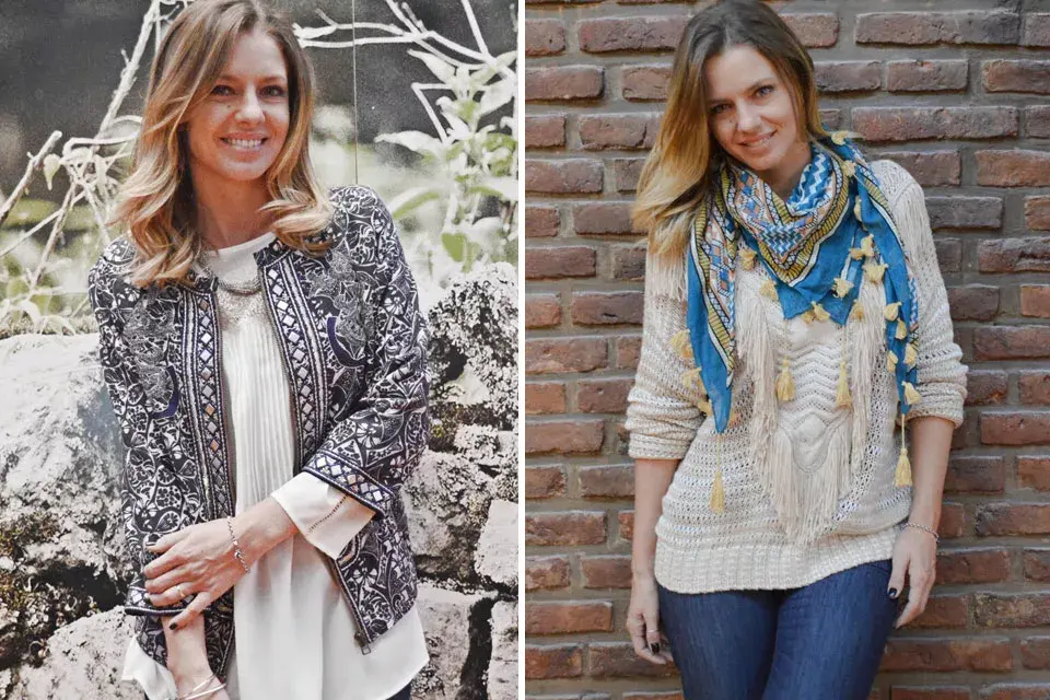 La modelo Geraldine Neumann pasó por India Style y se probó dos cambios distintos, el primero más formal, chaqueta con arabescos y camisa, y el segundo, más casual, sweater con un pañuelo divino. ¿Cuál preferís?