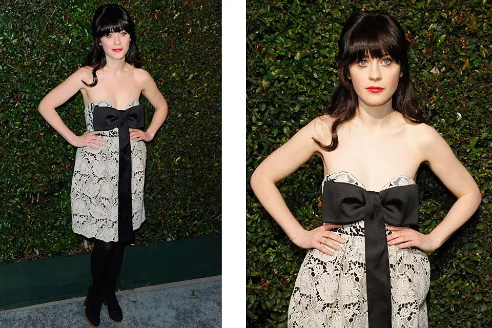 Nada como un strapless con moño bien bajo para que las lolas parezcan más caídas que nunca. ¿En qué estaba pensando Zooey Deschanel cuando eligió este vestido?