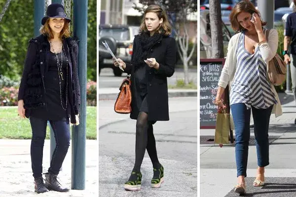 Jessica Alba, con distintos looks para mostrar su panza: con jeans y botas; con vestido corto y zapatos con plataforma; con chupín, remera con rayas y chatitas