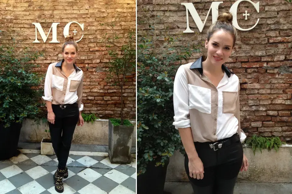 Luz Cipriota pasó por el local de Mia Cruz y lució una camisa en beige, blanco y negro, chupines negros y zapatillas con animal print. ¡Muy canchera!