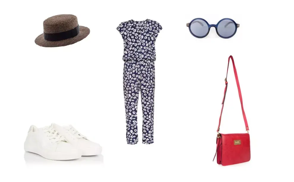 Sombrero (Compañía de Sombreros, $875) Cartera (Vero Alfie, $991) Anteojos (Absurda) Mono (Awada) Zapatillas (Sky Blue, $1000)