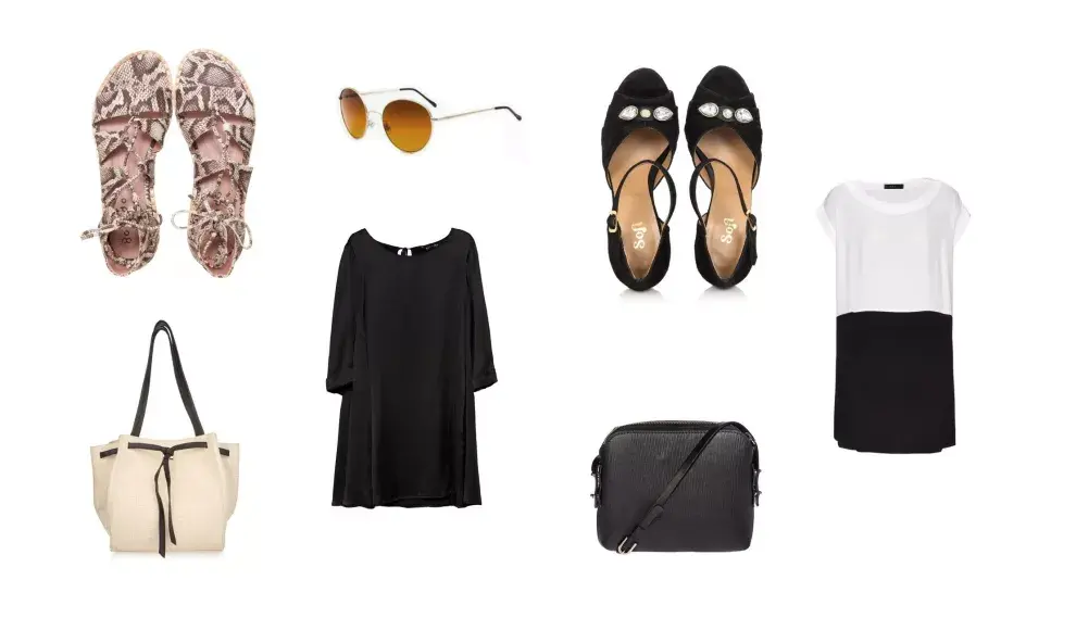 Sandalias (Credo, $1120) Vestido Negro (Las Pepas) Cartera (Peter Kent, $5710) Vestido Bicolor (Clara, $2860) Zapatos (Sofi Martire, $1732 sale The Net Boutique) Anteojos (Absurda) Bandolera (Deleon, $3298)