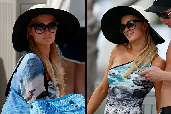 Para proteger su pelo del sol, Paris Hilton usa una capelina bicolor
