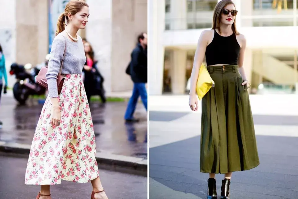 El efecto visual que provoca este largo de falda es el de acortar las piernas. Las mujeres altas pueden llevarla con chatitas y mucho vuelo, las de baja estatura siempre necesitan tacos