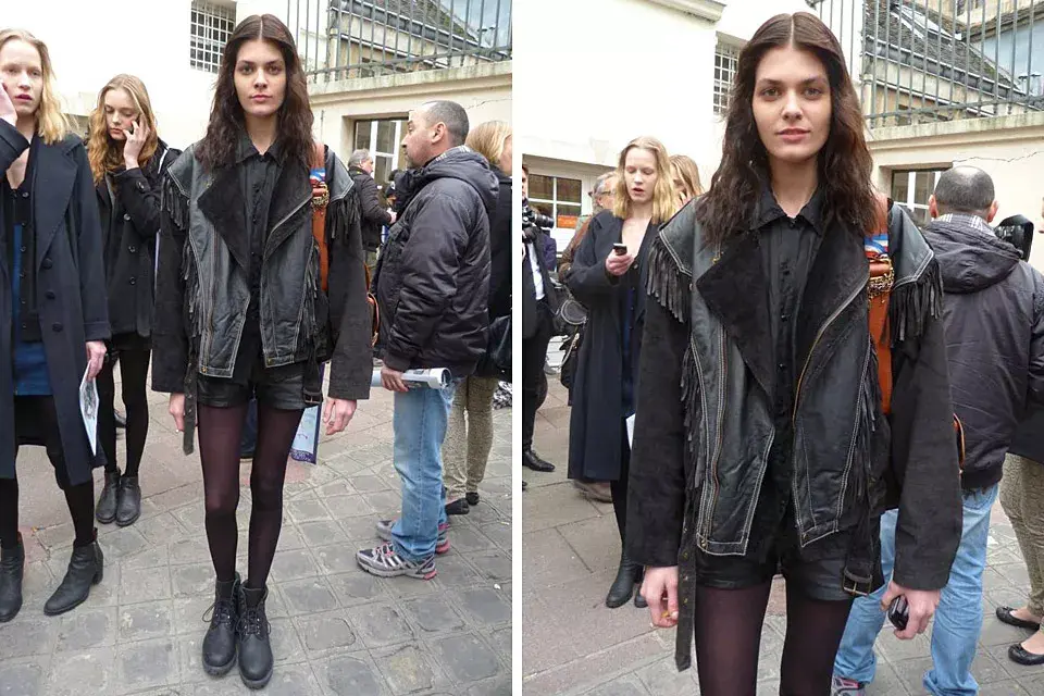 La modelo argentina Meli Stasiuk también anduvo trabajando en París; ¿su look fuera de las pasarelas? Campera de cuero con flecos, camisa, shorts y borcegos. Todo, en negro