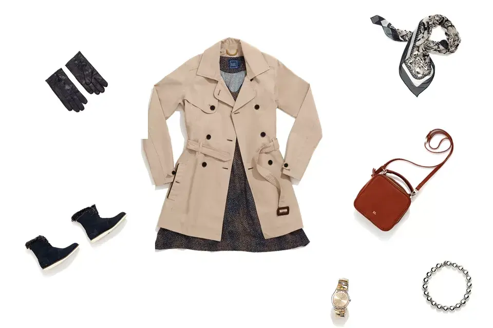 Guantes (Estancias, $374), Vestido (Sail, $710), Trench (Timberland, $3200), Pañuelo (Uma, $428), Bandolera (XL, $690), Collar (Las Pepas, $199), Reloj (Swatch, $1350), Botas (Lacoste, $2299).