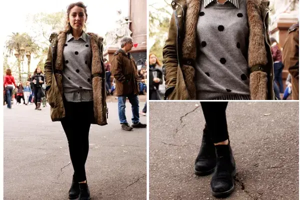 Cómoda y a la moda. Campera con piel, sweater a lunares, leggings y botas