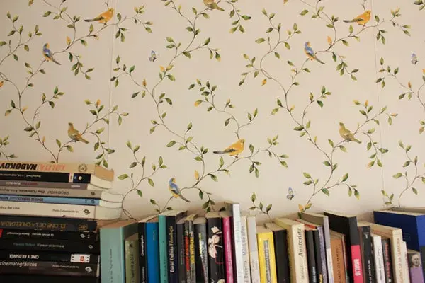Empapelado de pájaros en la biblioteca de Jime y Fer
