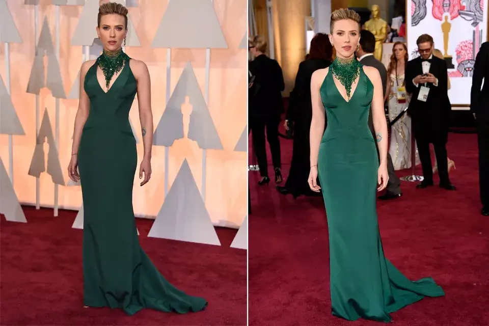 Scarlett Johansson estaba muy sexy, como de costumbre, en un Versace verde con un collar de esmeraldas haciendo juego