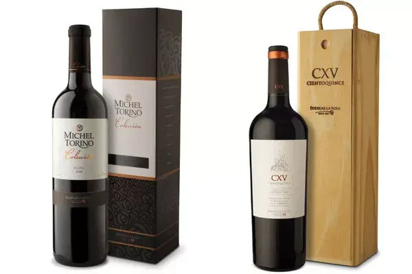Caja Colección Navidad botella de Michel Torino Colección cosecha 2009 ($15) y Caja de madera con especial Navidad  una botella de CXV Cientoquince de Bodegas la Rosa tinto cosecha 2008 ($80)