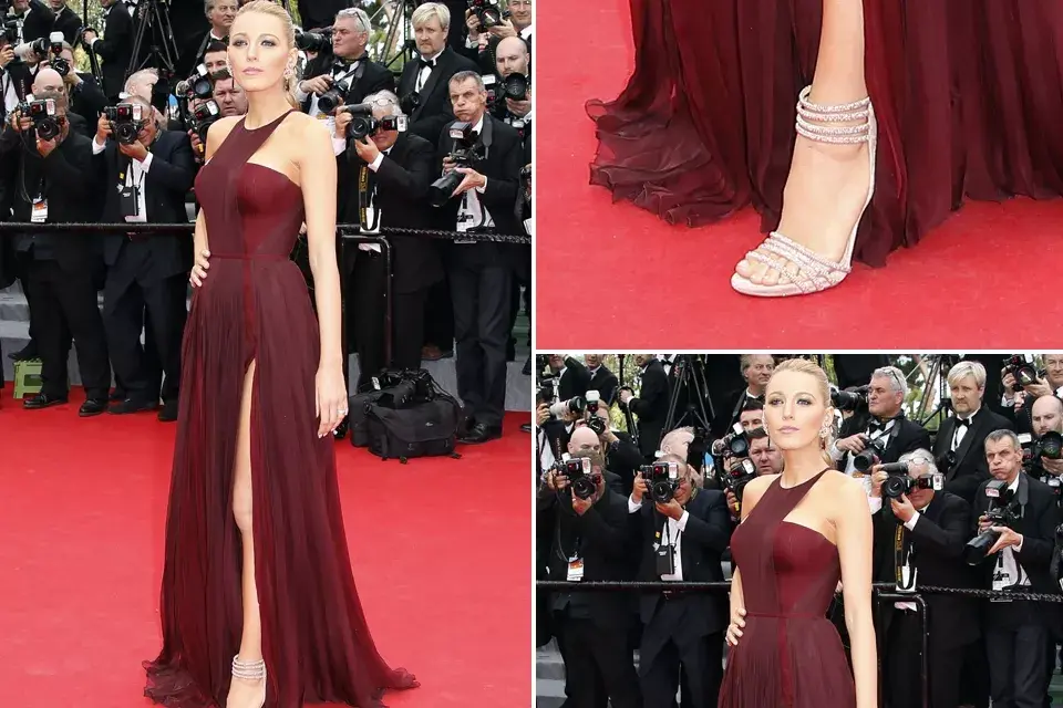 Otra versión de Blake para la alfombra roja francesa. Esta nos gusta muuucho más que la anterior. El vestido de tonalidad borgoña con varias capas de gasa  es de Gucci Premiére