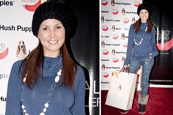 Ursula Vargués fue al desfile de Hush Puppies en Alto Palermo y eligió el azul para su outfit: polerón con jean acebrado y botas con piel