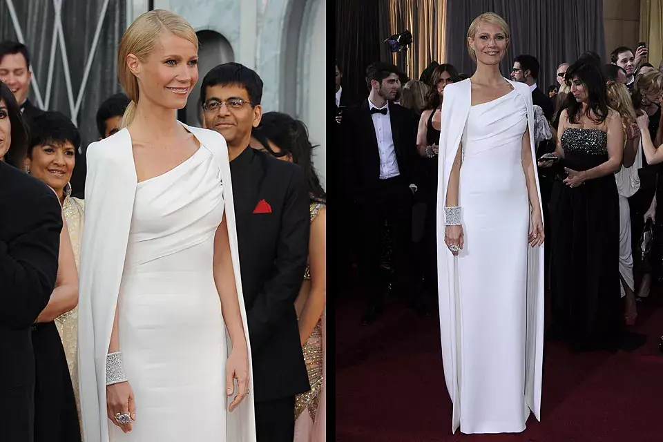 La belleza de lo simple: Gwyneth Paltrow, súper elegante y sobria, con un diseño color blanco de Tom Ford con capa