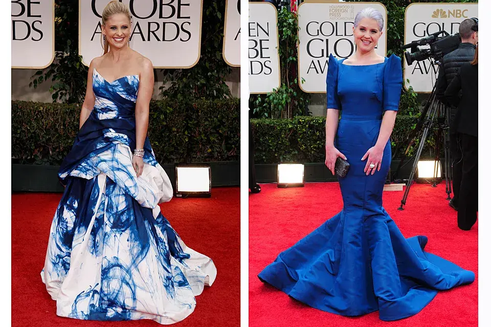 Más azules: muy polémico, el vestido de efecto desteñido de Sarah Michelle Gellar (era de Monique Lhuillier) y ni hablemos del look de Kelly Osbourne, en Zac Posen