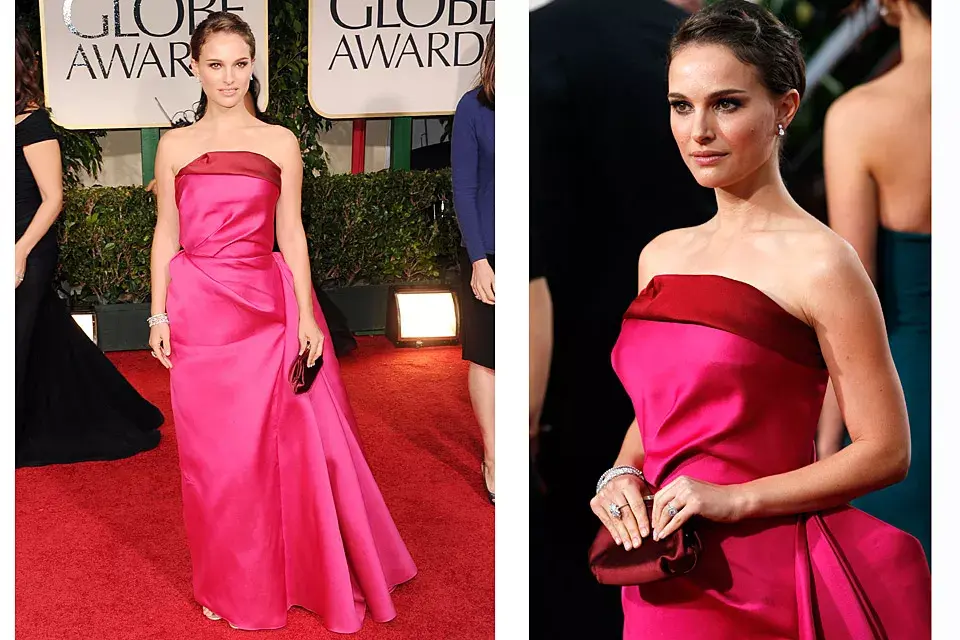 Natalie Portman volvió a elegir un diseño de Lanvin; esta vez prefirió un strapless de seda color frambuesa con sobrepliegue en la cadera