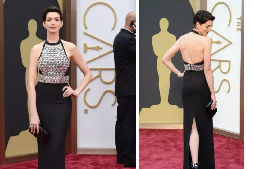 Un escote que le gusta a Anne Hathaway (lució uno similar el año pasado) para el diseño de Gucci con cristales de Swarovski al frente