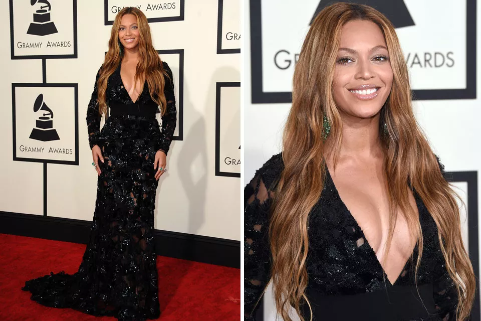 Beyoncé, al mejor estilo Morticia A. Addams, optó por llevar el pelo suelto con ondas y extensiones. Completó el estilismo con aros bien grandes en color verde y un anillo haciendo juego