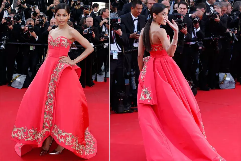 Freida Pinto eligió un Oscar de la Renta en color salmón con detalles bordados en dorado. Una diosa por donde se la mire.