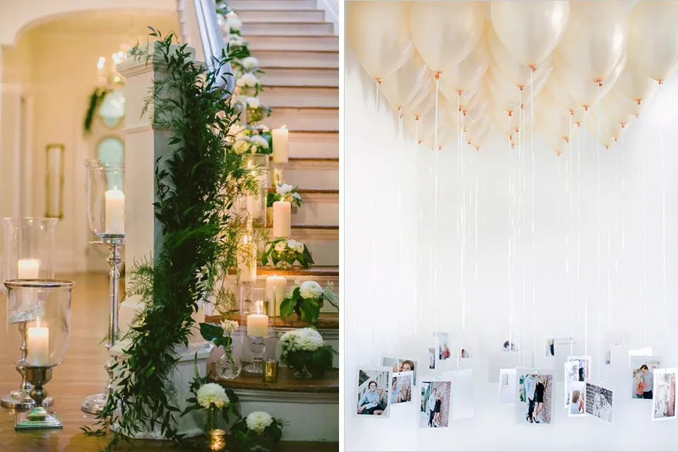 Dos opciones: una escalera decorada con velas y mucho verde, y otra con globos
