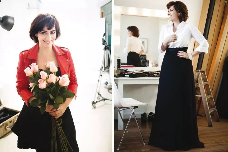 Izq: Chaqueta (Las Pepas, $5699), Vestido strapless (Las Pepas, $2790).Der: Camisa (Mariana Dappiano, $1170), Pulsera de acrílico (Retro Boutique, Consultar precio), Falda de organza (Mariana Dappiano, $2900).