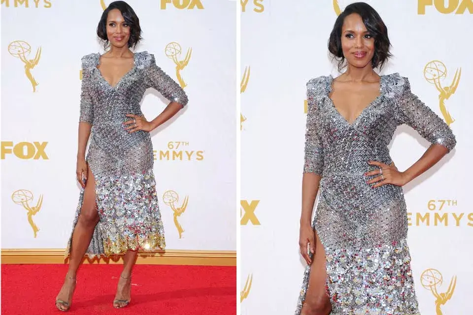 Kerry Washington, impactante sobre la red carpet con   un traje a media pierna lleno de brillantes, de Marc Jacobs y unas sandalias doradas divinas que completaron a la perfección su look