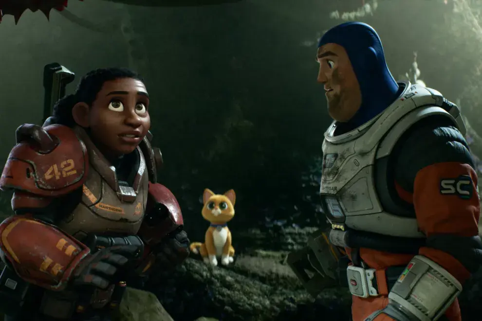 TEAMING UP – In Disney and Pixar’s “Lightyear,” Izzy Hawthorne (voice of Keke Palmer), the eager leader of a team of cadets called the Junior Zap Patrol, teams up with Buzz Lightyear (voice of Chris Evans) and his dutiful robot companion, Sox (voi