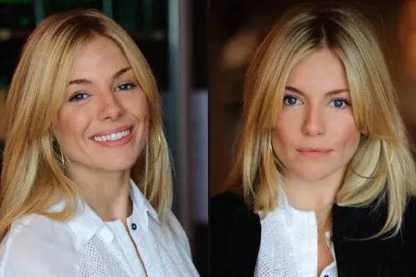 La actriz Sienna Miller también usa el pelo y el jopo con raya al medio. Un look clásico que se ve más fresco con el rebajado