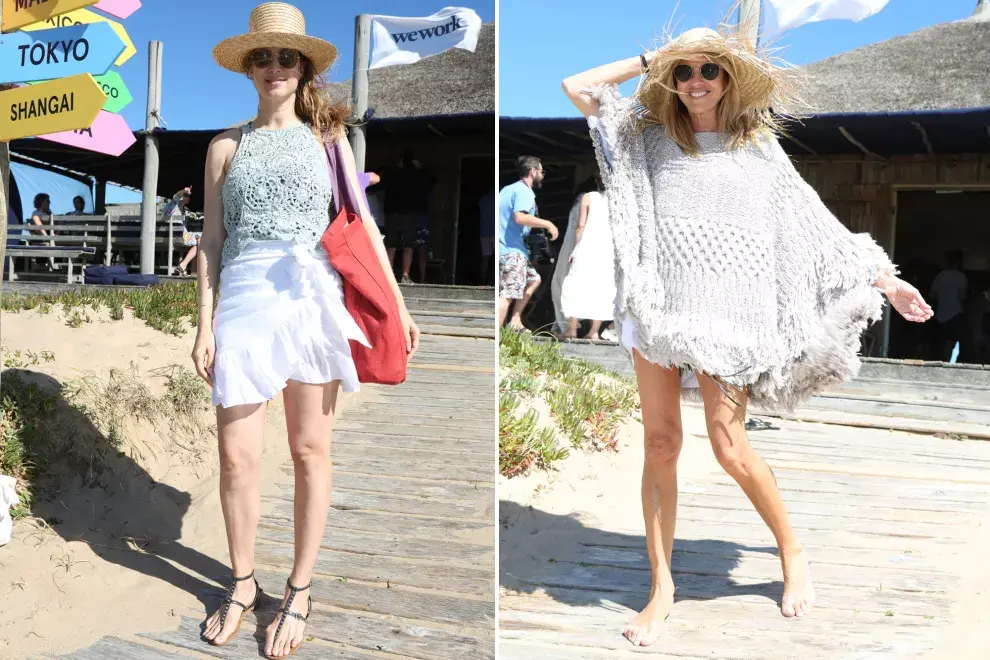 Looks playeros con sombrero de paja: Soledad Ainesa, con top y falda de algodón y Claudia Fontán, con mega poncho tejido muy ondero.