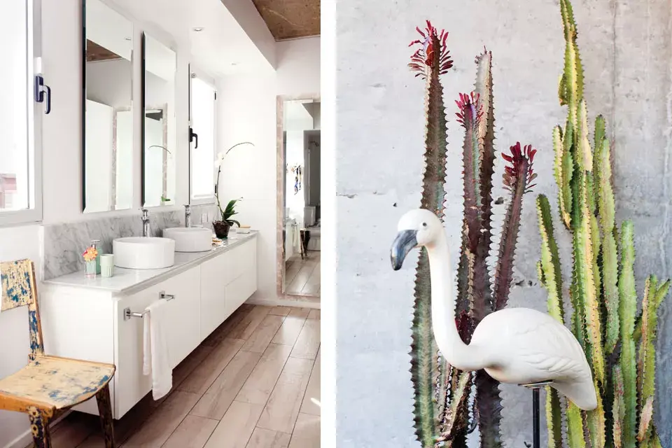 Izq.: baño con doble espejo y doble bacha. Der.: las plantas preferidas de Caro son los cactus y las suculentas porque son fáciles de mantener y aportan verde en cualquier época del año.