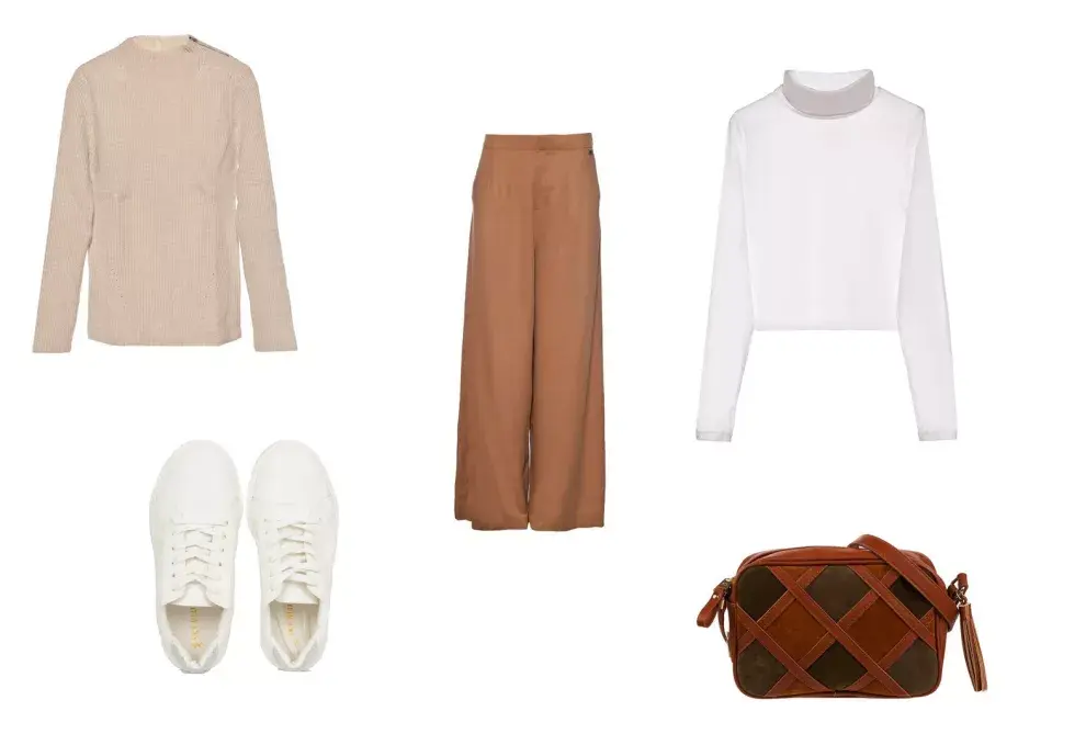 Bandolera (XL, $850) Zapatillas (Sky Blue, $850) Sweater (Chocolate) Pantalón (Cacharel) Polera (Schang Viton, $720)