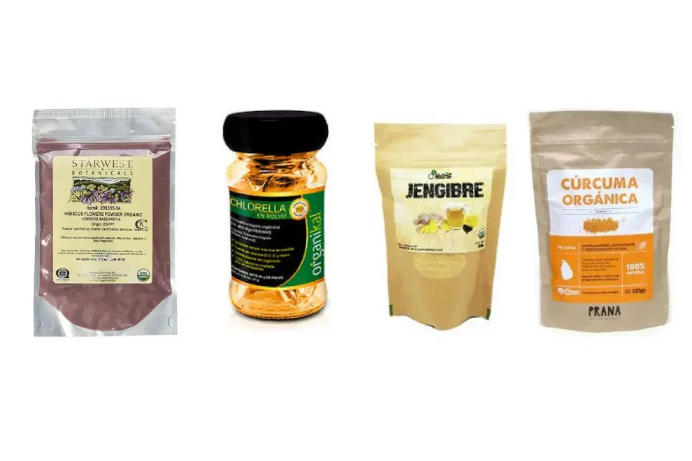 Starwest Botanicals Organic Hibiscus Flower Powder, 4 onzas (U$D8.99, Amazon), Chlorella Orgánica en polvo, 40 g ($270 Merecadolibre), Jengibre en polvo organico 250g ($160, Mercadolibre), Cúrcuma Orgánica Prana X, 120 g. ($ 185, Mercadolibre).