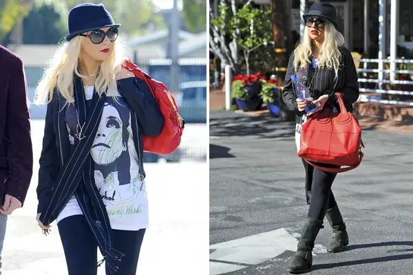 A Christina Aguilera le encantan los accesorios: maxi gafas redondas, sombrero, cartera roja, bufanda, cadena, gargantilla...¿no será mucho?