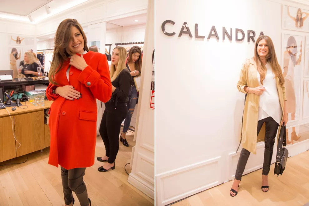 Isabel Macedo lució su pancita de 7 meses y se probó varios abrigos de la nueva colección de Calandra. ¡El tapado rojo nos encantó!