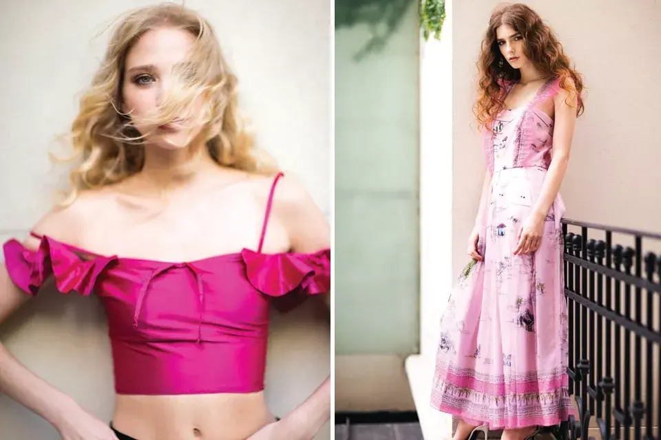 Izquierda: crop top off shoulder (AY Not Dead, $3885).// Derecha: Vestido de organza (Mila Kartei, $16.800), sandalias (Ricky Sarkany, $5990).